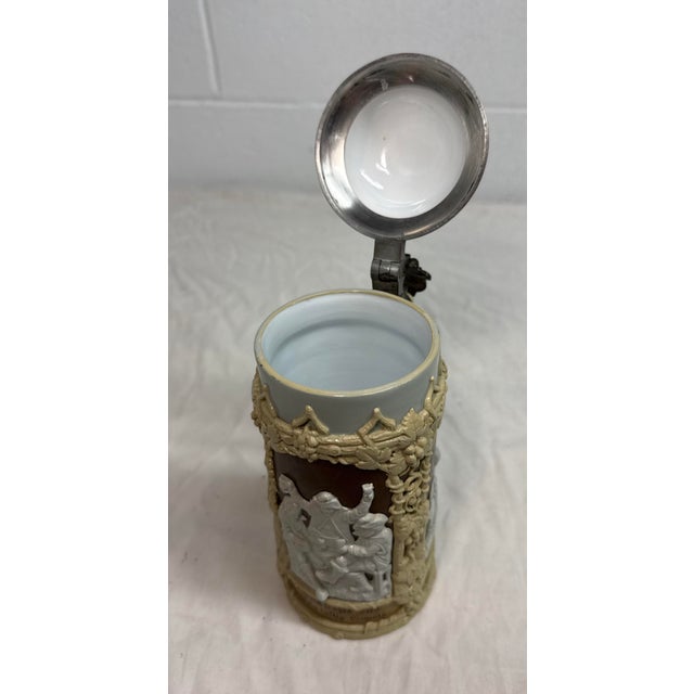 Antique 1800's German Mettlach Villeroy Boch Pottery Pewter Lidded Beer Stein For Sale - Image 10 of 14