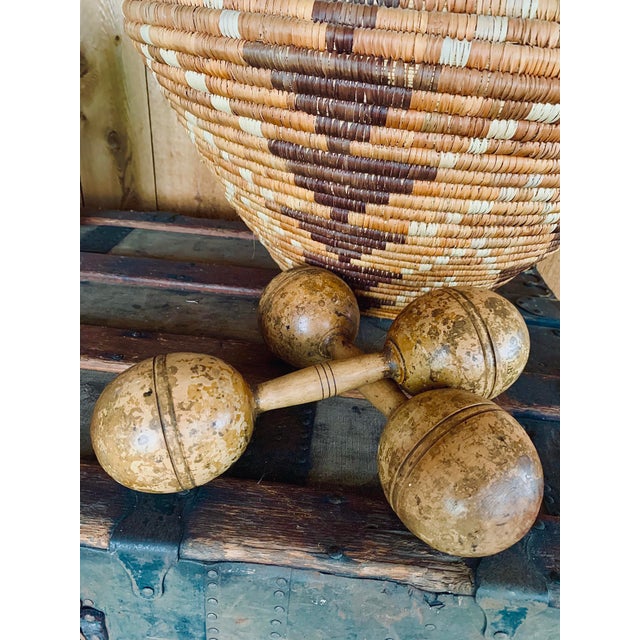 A Pair of Antique Victorian Primitive Oversized Wooden Hand Weights, Dumbbells from the late 19th Century. Beautifully...