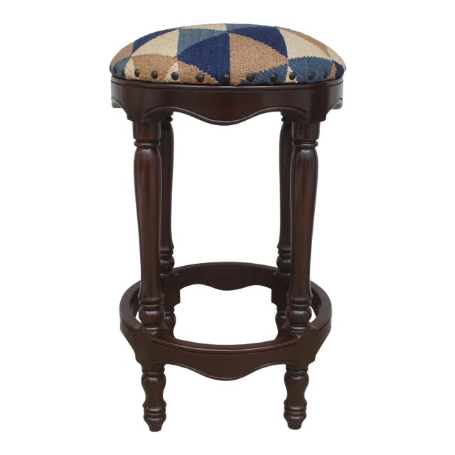 Shabby Chic Tribal Kilim Wood Bar Stool For Sale