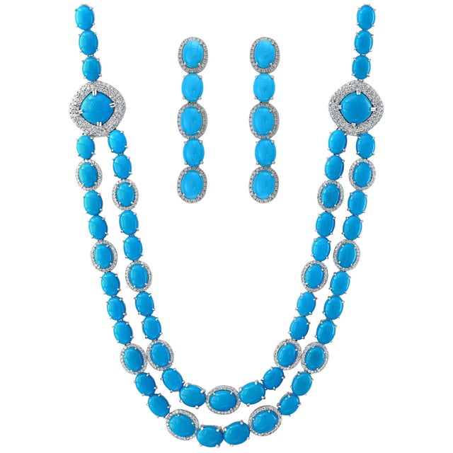 104 Carat Sleeping Beauty Turquoise Necklace and Earring Set, Bridal, 18 K Gold For Sale - Image 15 of 18
