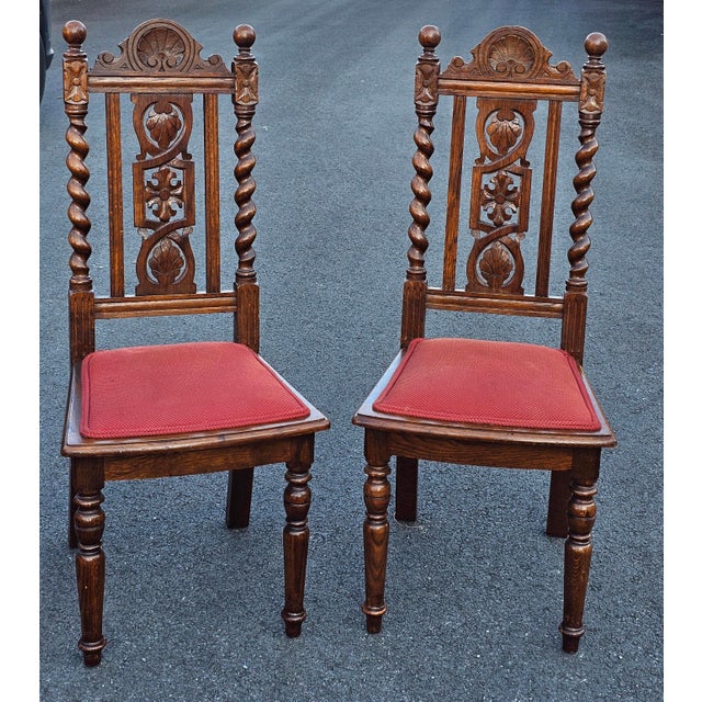 Mid 20th Century Set 4 Mid 20th C. Jacobean Style Carved and Barley Twist Oak Upholstered Chairs For Sale - Image 5 of 13