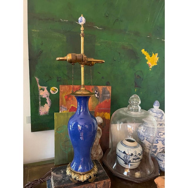 Mid 20th Century Vintage Royal Blue Glaze Vase Asian Lamp For Sale - Image 5 of 10