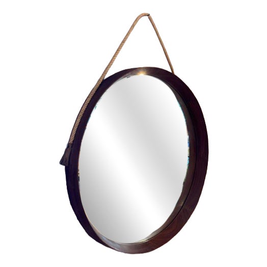 Vintage Round Mirror with Teak Frame For Sale