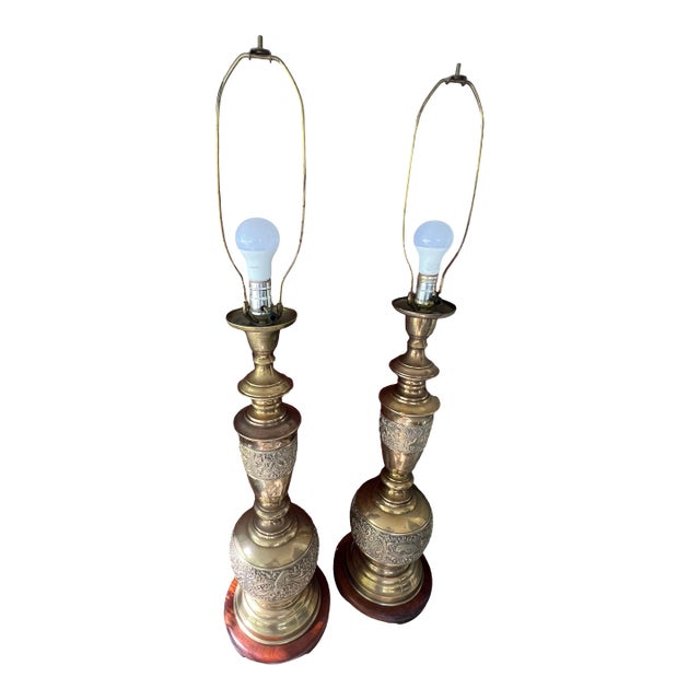 Vintage James Mont Style Brass Table Lamps With Wood Bases - Pair For Sale