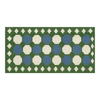 Handmade Woolen Dhurrie Runner, Moss Green, White and Sky Blue Swedish Tile Runner- 3.5'x10' For Sale