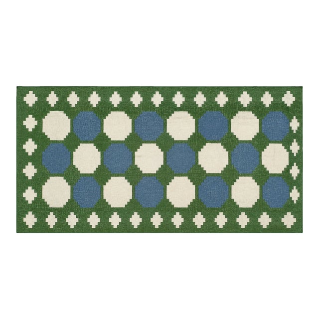 Handmade Woolen Dhurrie Runner, Moss Green, White and Sky Blue Swedish Tile Runner- 3.5'x10' For Sale