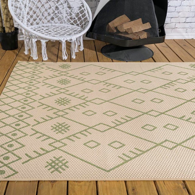 Moroccan Indoor & Outdoor Beige & Green 5 ft. x 8 ft. Area Rug | Chairish