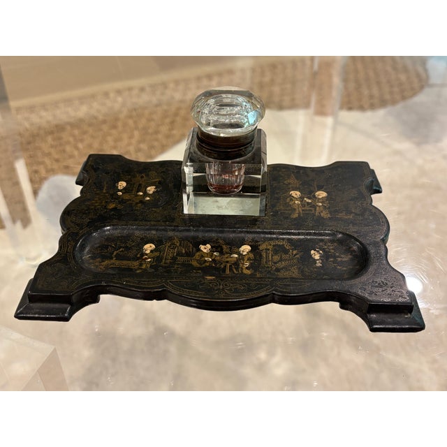 Antique 19th Century Black Lacquer Chinoiserie Inkstand With Cut Glass Inkwell ORIGIN: Thought to be England CIRCA: 19th...