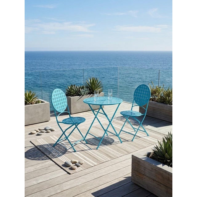 Set of Vintage Turquoise Punched-Metal Daisy Bistro For Sale - Image 11 of 12