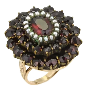 Late 20th Century 17302 - Garnet & Seed Pearls 14k Yellow Gold Cluster Ring, Size 4