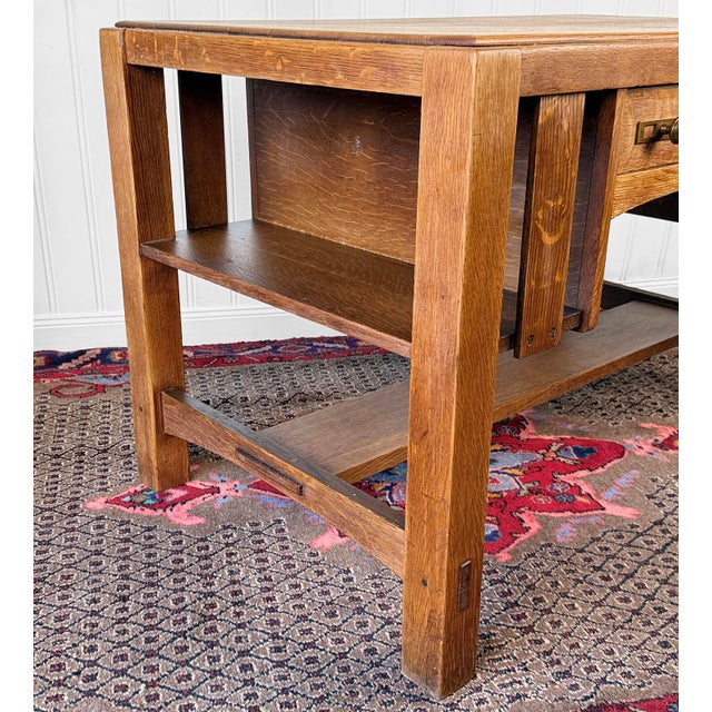 Antique Charles Limbert Arts & Crafts Quartersawn Oak Writing Desk W/ Bookshelf For Sale - Image 11 of 17