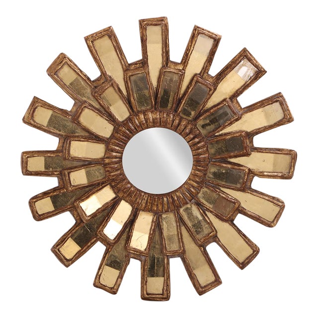 A Gold Glass and Resin Sunburst Mirror, in the Manner of Line Vautrin. For Sale