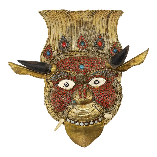 Vintage Tibetan Gilt Copper Jeweled Ritual Mask With Coral and Turquoise Inlay For Sale