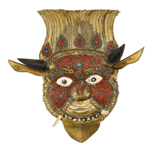 Vintage Tibetan Gilt Copper Jeweled Ritual Mask With Coral and Turquoise Inlay
