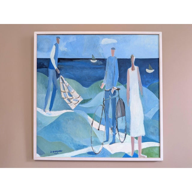 FIGURES BY THE SEA Size: 27 x 27 inches (including frame) Oil on canvas A wonderfully serene modernist coastal scene dated...