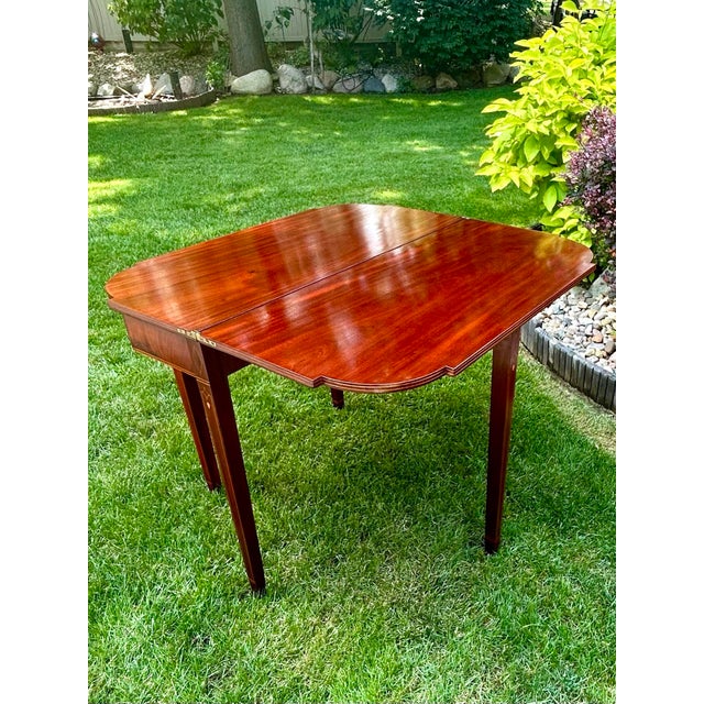 Antique, Flame-Mahogany, Federal Style, Game Table, Swivel and Hinged Flip-Top Mechanism, Geometric String Inlay, C1780-1830, Demilune Console Table For Sale - Image 10 of 12