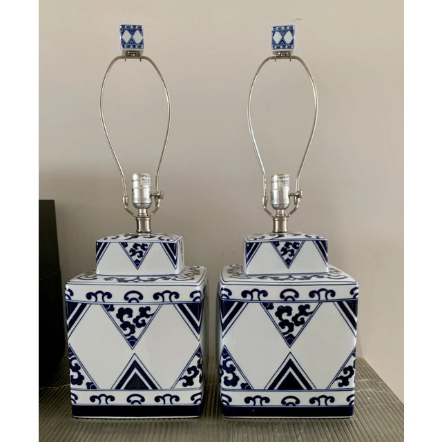 White Chinoiserie Square Blue White Table Lamps - A Pair For Sale - Image 8 of 8