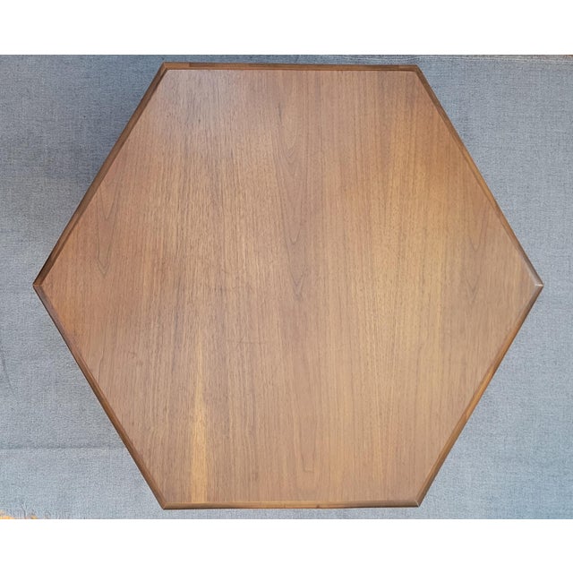 Wood Circa 1970 Mid-Century Modern Hexagonal Walnut Side Table With Large Cabinet For Sale - Image 7 of 9