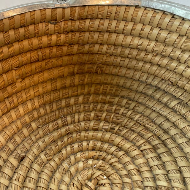 Tan Handwoven Coil Basket With Metal Band 12" For Sale - Image 8 of 9