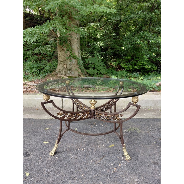 Neoclassical Vintage Neoclassical Style Iron & Brass Coffee Table With Glass Top For Sale - Image 3 of 5