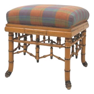 William Switzer Faux Bamboo Ottoman - BenchWith Plaid Upholstery For Sale