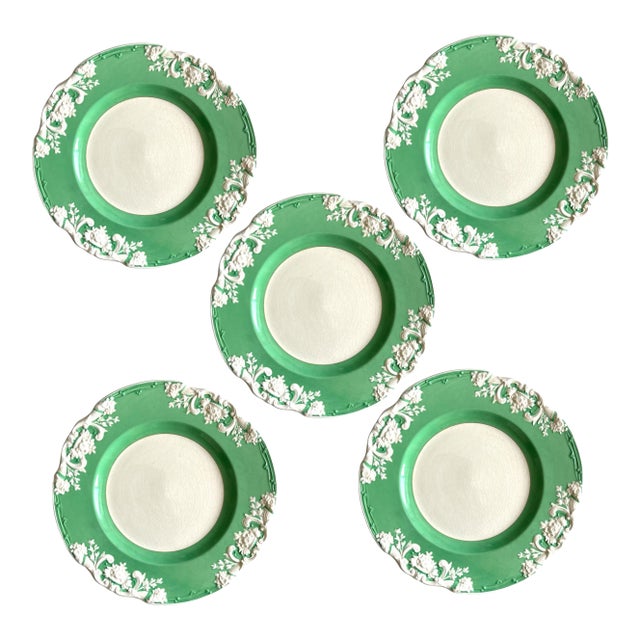 Antique English Green Marlborough Salad Plates by George Jones & Sons - Set of 5 For Sale