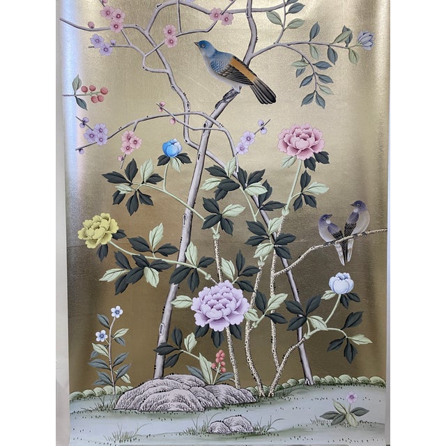 Champagne 26" X 68" /Panel, Handpainted Chinoiserie on Champagne Metallic Leaf ( No Frame) For Sale - Image 8 of 10