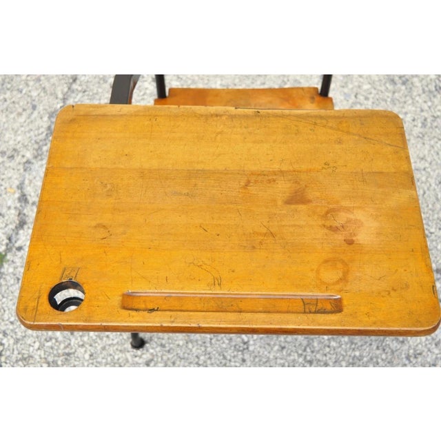 Early 20th Century Antique American Industrial Iron and Maple Childs School Writing Desk For Sale - Image 5 of 12