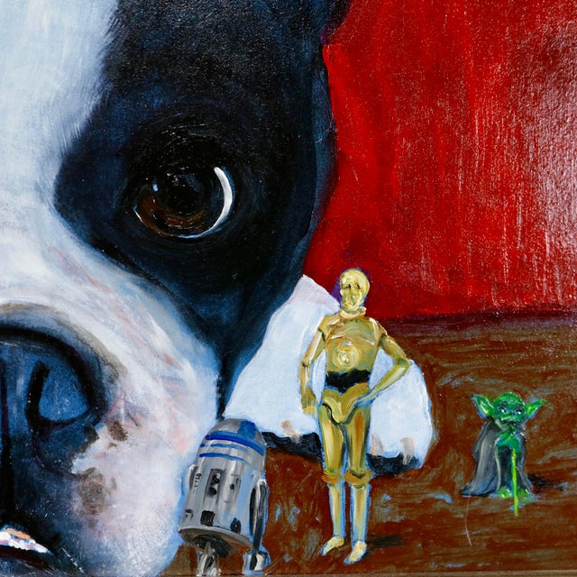 Realism Framed Boston Terrier Dog Portrait With Star Wars Figurines Oil Painting For Sale - Image 3 of 11