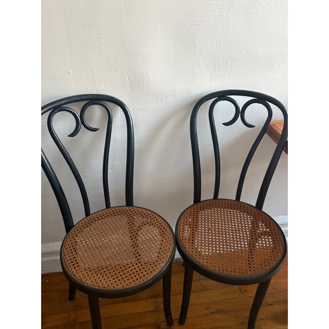 Mid 20th Century Pair of Mid 20th Century Black Bentwood Cafe Chairs With Cane Seats For Sale - Image 5 of 7