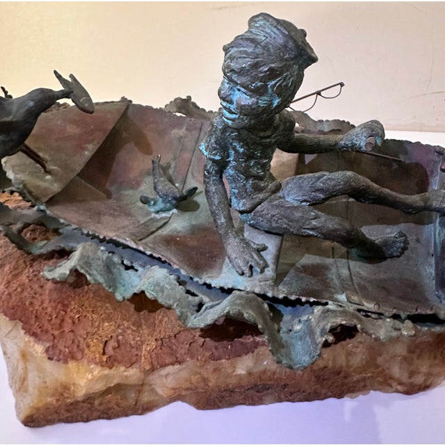 1970s Boy Fishing Figural Sculpture on Stone Base For Sale - Image 9 of 12