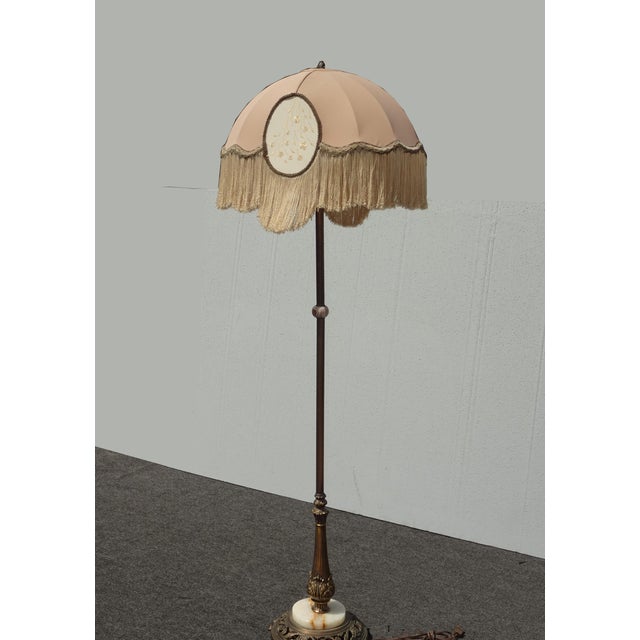Victorian Vintage French Victorian Floor Lamp Light W Fringed Lamp Shade & Onyx Base For Sale - Image 3 of 12
