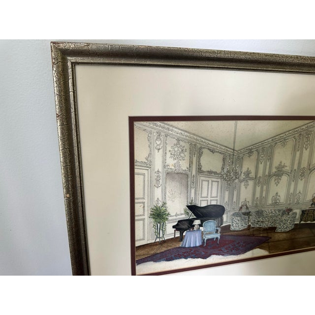 A stunning hand-painted interior design rendering from 1963, showcasing an elegant French-style salon. This piece was...