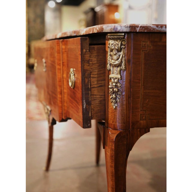 Brown 19th Century French Louis XVI Rosewood Marquetry Console With Rouge Marble For Sale - Image 8 of 13