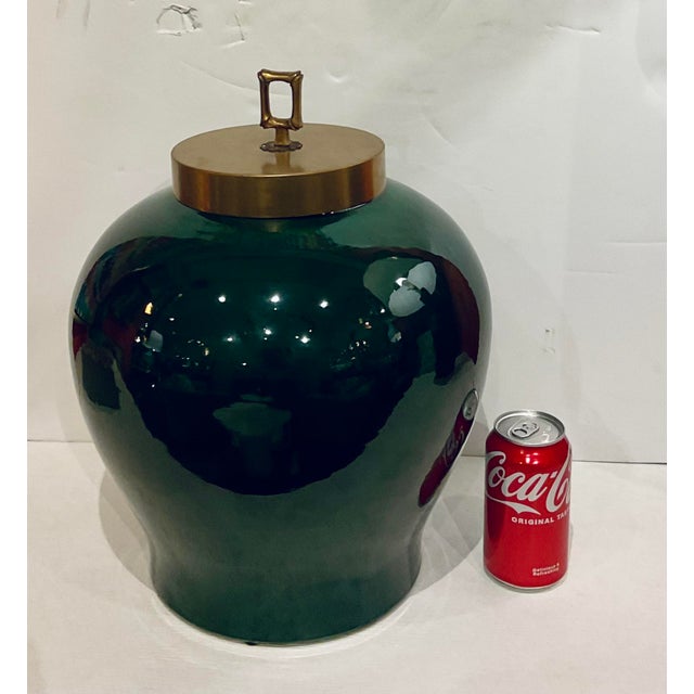 Stylish Port 69 Modern Emerald Green Jar, antique brass lid with bamboo design, showroom floor sample