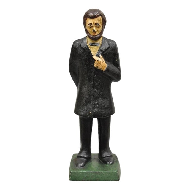 Antique Victorian Cast Iron Honest Abe Abraham Lincoln Figural Painted Door Stop For Sale