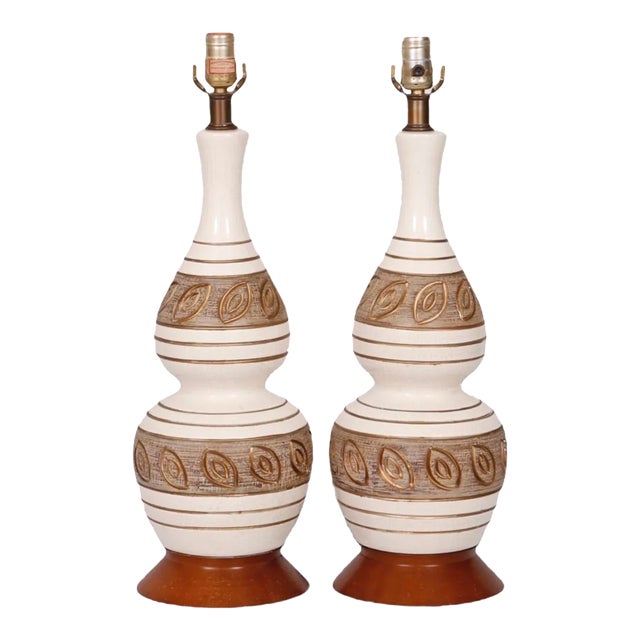 Mid Century Gold & White Ceramic Table Lamps - a Pair For Sale