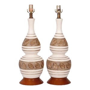 Mid Century Gold & White Ceramic Table Lamps - a Pair