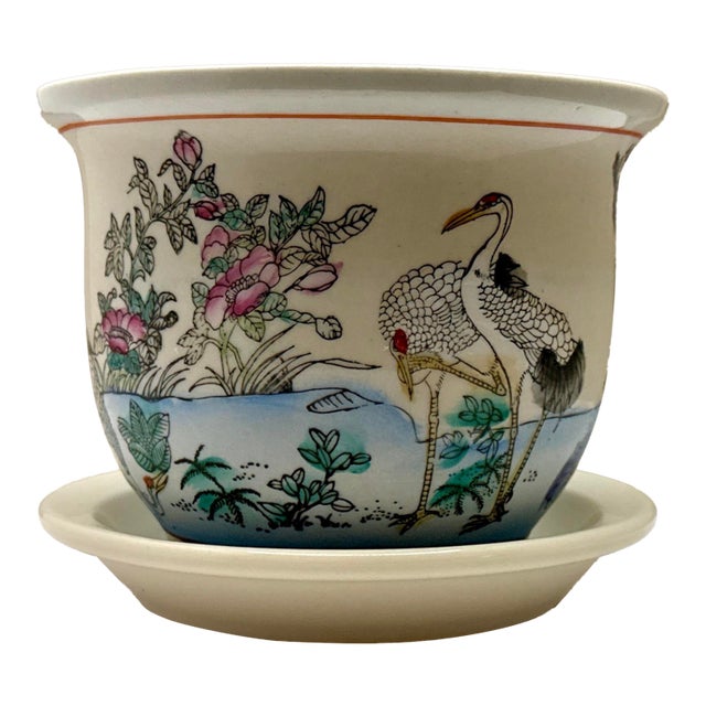 Hand Painted Chinoiserie Porcelain Planter With Lotus Flowers & Cranes For Sale