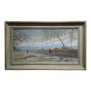 M. Waters -Walking Along the Seine in Paris-Mid Century Oil Panting For Sale