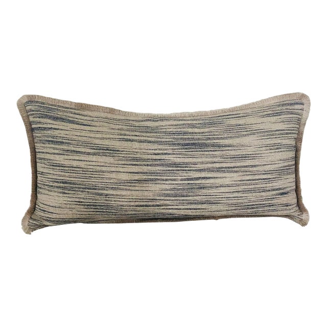 14” X 31” Designer Linen Flax Woven Navy Blue Ecru Lumbar Pillow Cover With Fringe For Sale