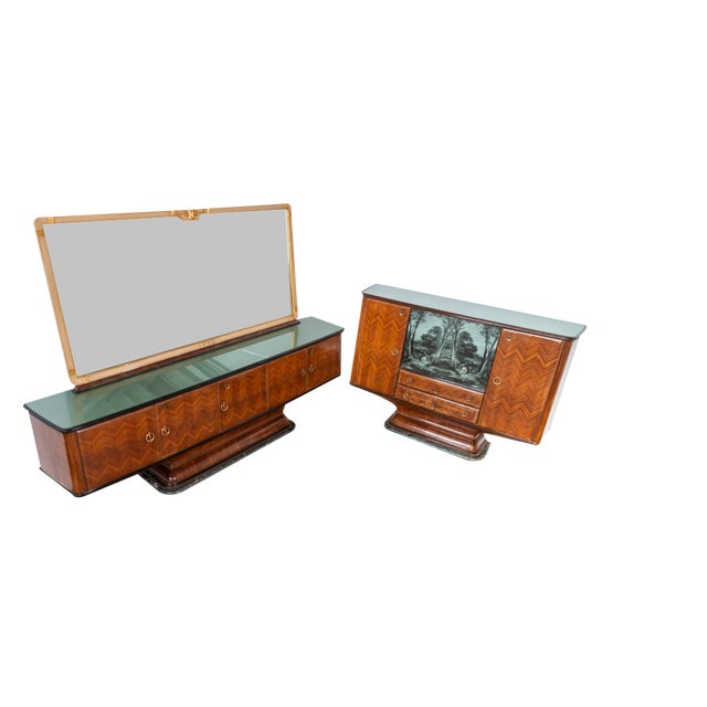 Rosewood and Marble Base Sideboard with Glass Shelf, 1950s, Set of 2 For Sale