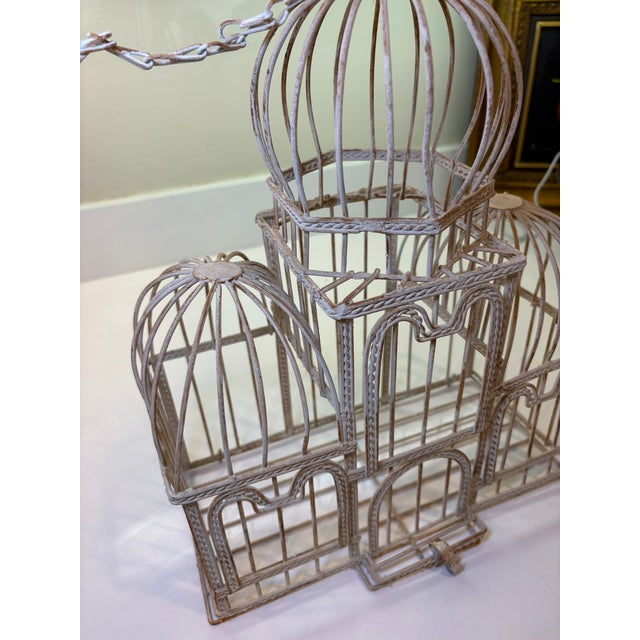 Metal Taj Mahal Style Vintage Distressed White Metal Birdcage With Hanging Chain For Sale - Image 7 of 17