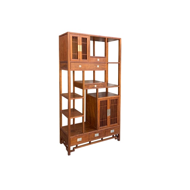Asian Asian Asian Inspired Asymmetrical Light Brown Shelving Display Cabinet Divider Inspired Asymmetrical Light Brown Shelving Display Cabinet Divider For Sale - Image 3 of 12