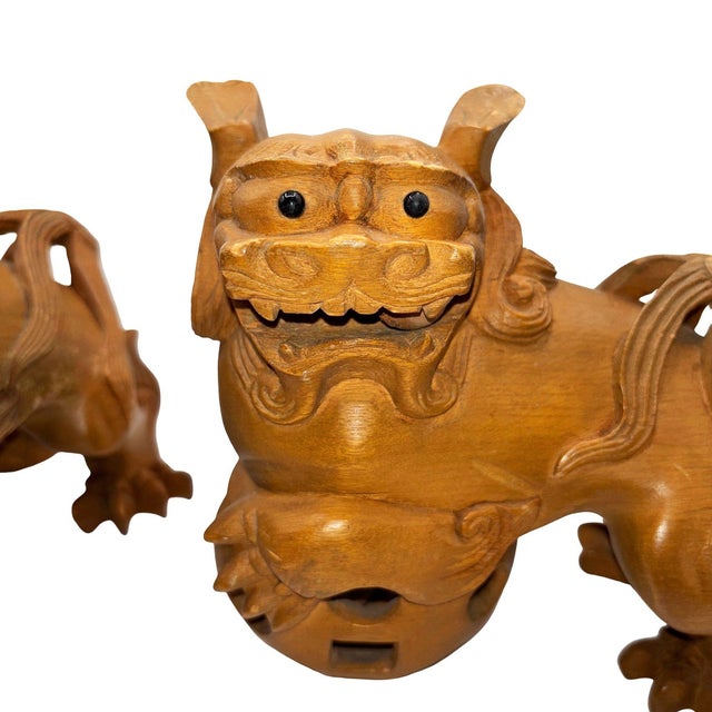 Mid 20th Century Chinese Export Carved Wood Guardian Foo Dog Statue, Pair For Sale - Image 12 of 14