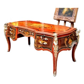 French Rococo Executive Desk – Ornate Wood Desk With 5 Drawers, Gold Leaf & Bronze Details For Sale
