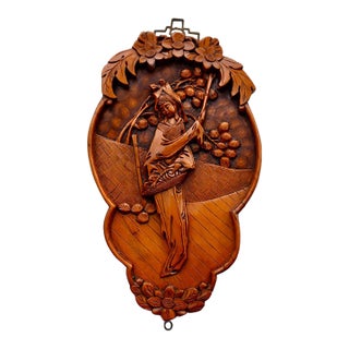 Vintage Chinese Hand Carved Wood Wall Plaque High Relief Asian Woman Flower Art For Sale