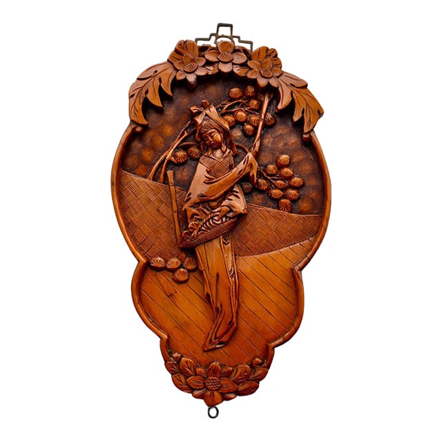 Vintage Chinese Hand Carved Wood Wall Plaque High Relief Asian Woman Flower Art For Sale