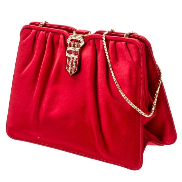Metal 90s Judith Leiber Red Satin Evening handBag Crystal Shoulder Day Vintage Clutch For Sale - Image 7 of 17