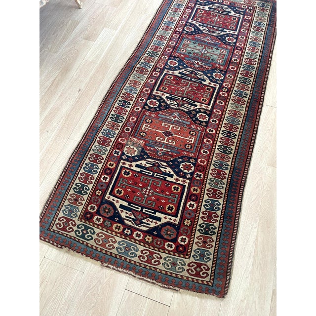 Mid-Century Modern Antique 1880s Caucasian Kazak Runner 3.2' X 8' (97cm X 244cm) For Sale - Image 3 of 8